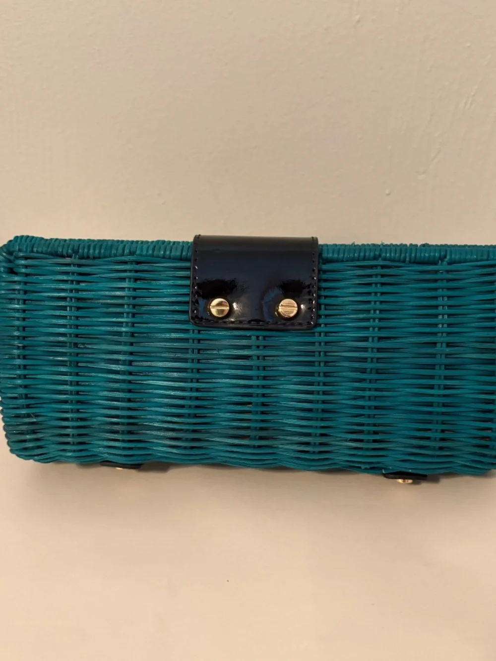 J.Crew Teal Woven Clutch with Black Patent Flap & Gold Turn-Lock